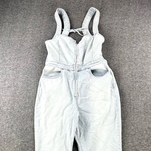 Free People We The Free Jumpsuit SZ 12 Light Denim Curvy Flare Leg Open Back